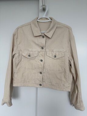 Beige Cropped Corduroy Jacket - Women's Casual Button-Up